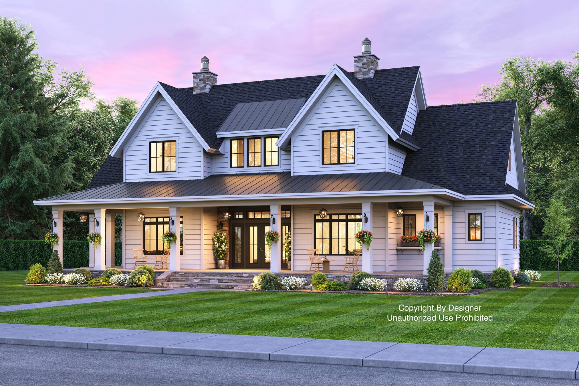 Misty Falls modern farmhouse front exterior rendering at dusk