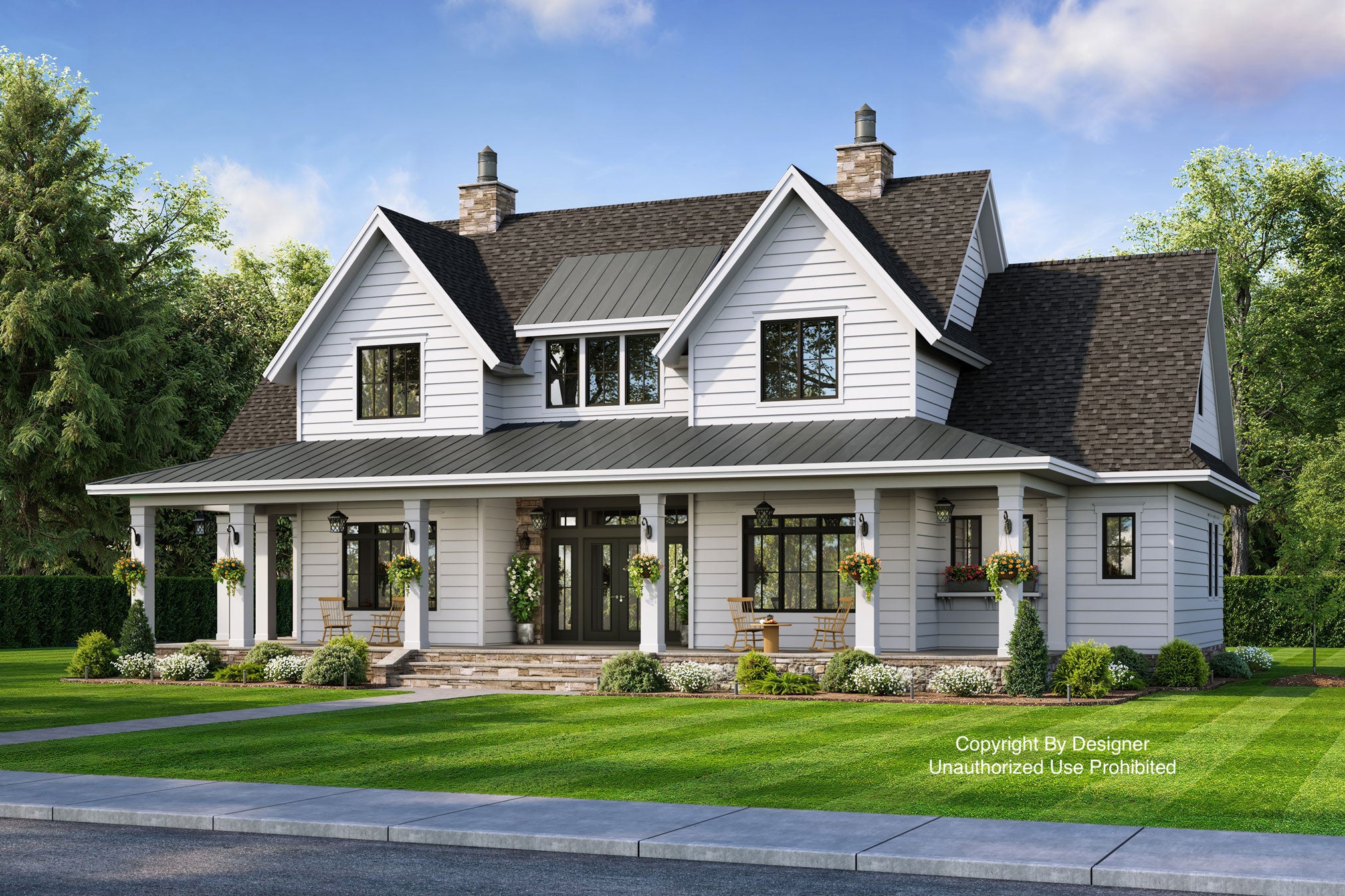 Misty Falls modern farmhouse front exterior rendering by day